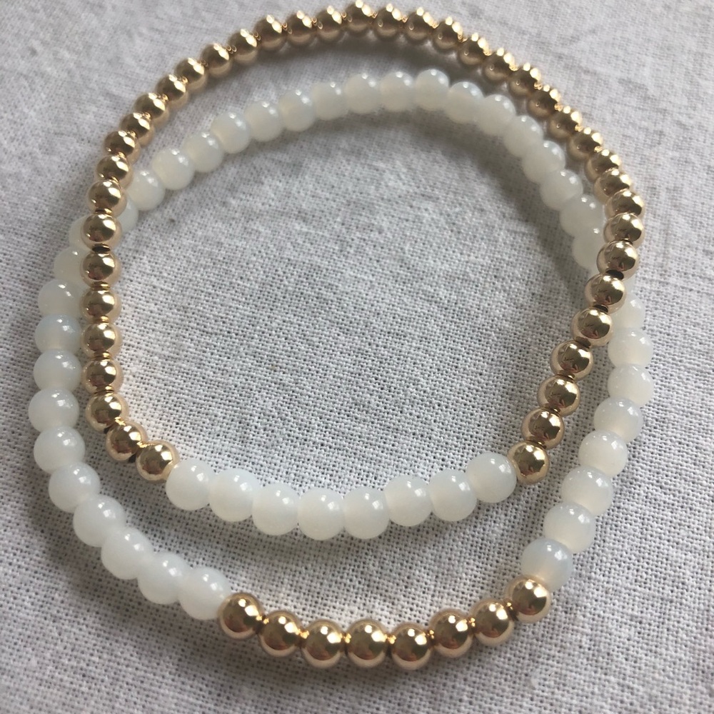 14k gold filled & white bead stretch bracelet pair